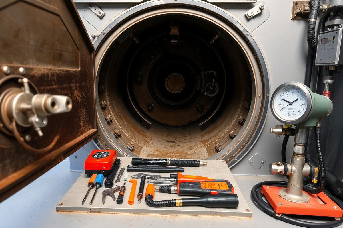 Gas analyser flue probe testing a boiler during annual service inspection