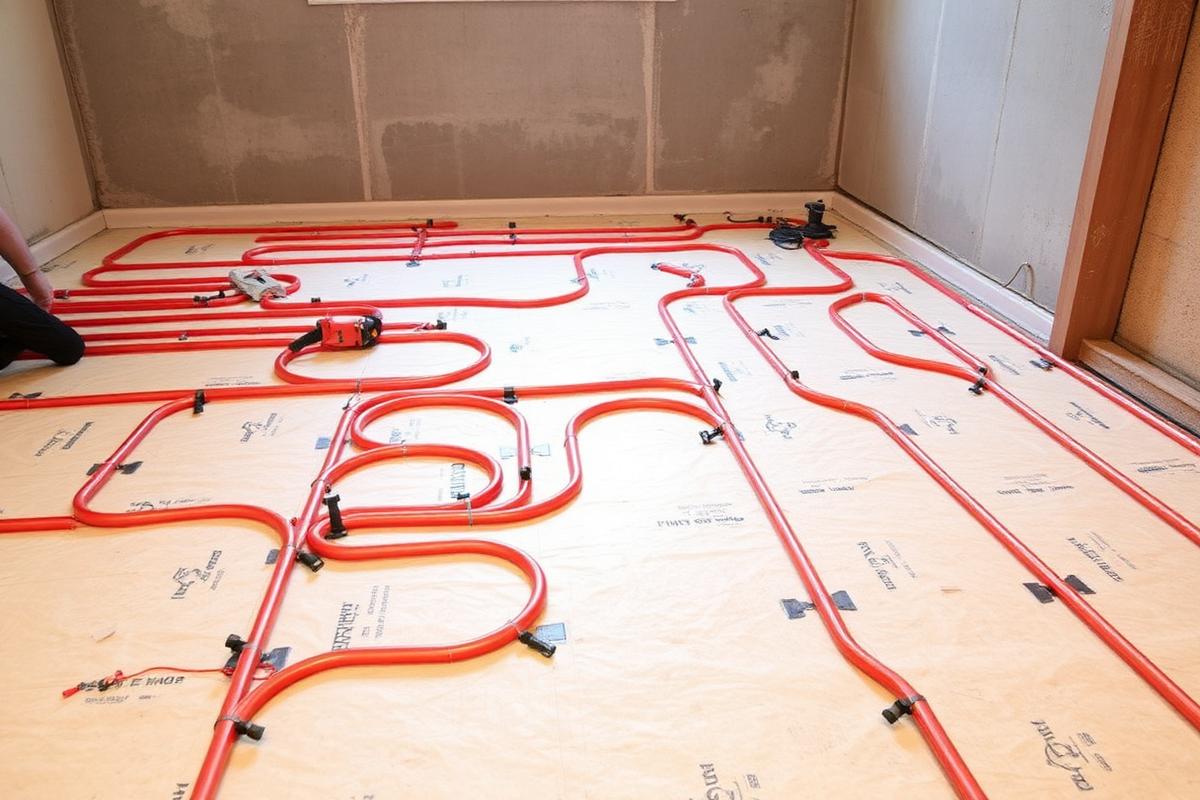 Red PEX underfloor heating pipes laid in loops on insulation board during professional installation